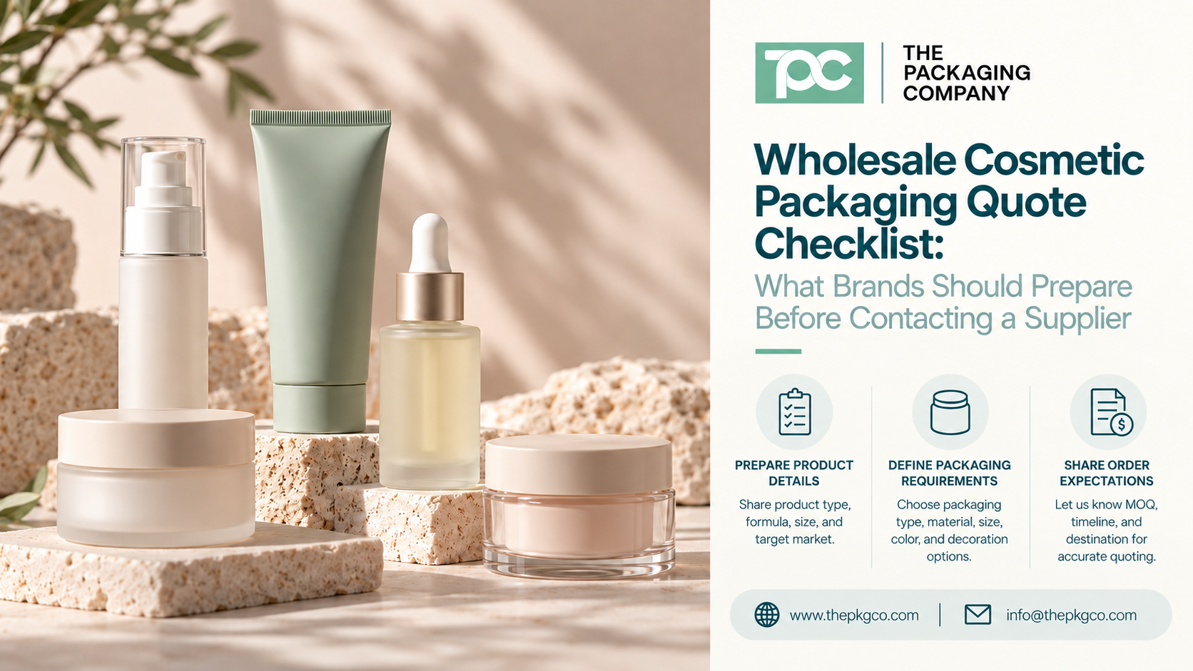Wholesale cosmetic packaging quote checklist for beauty brands, showing bottles, jars, tubes, and serum packaging with product detail and order planning considerations.