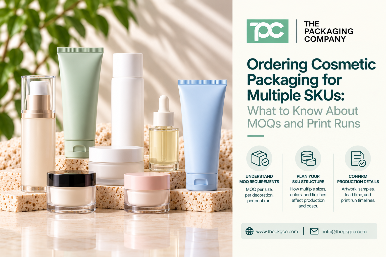 Ordering cosmetic packaging for multiple SKUs, showing bottles, jars, tubes, and airless packaging with MOQ and print run planning considerations.