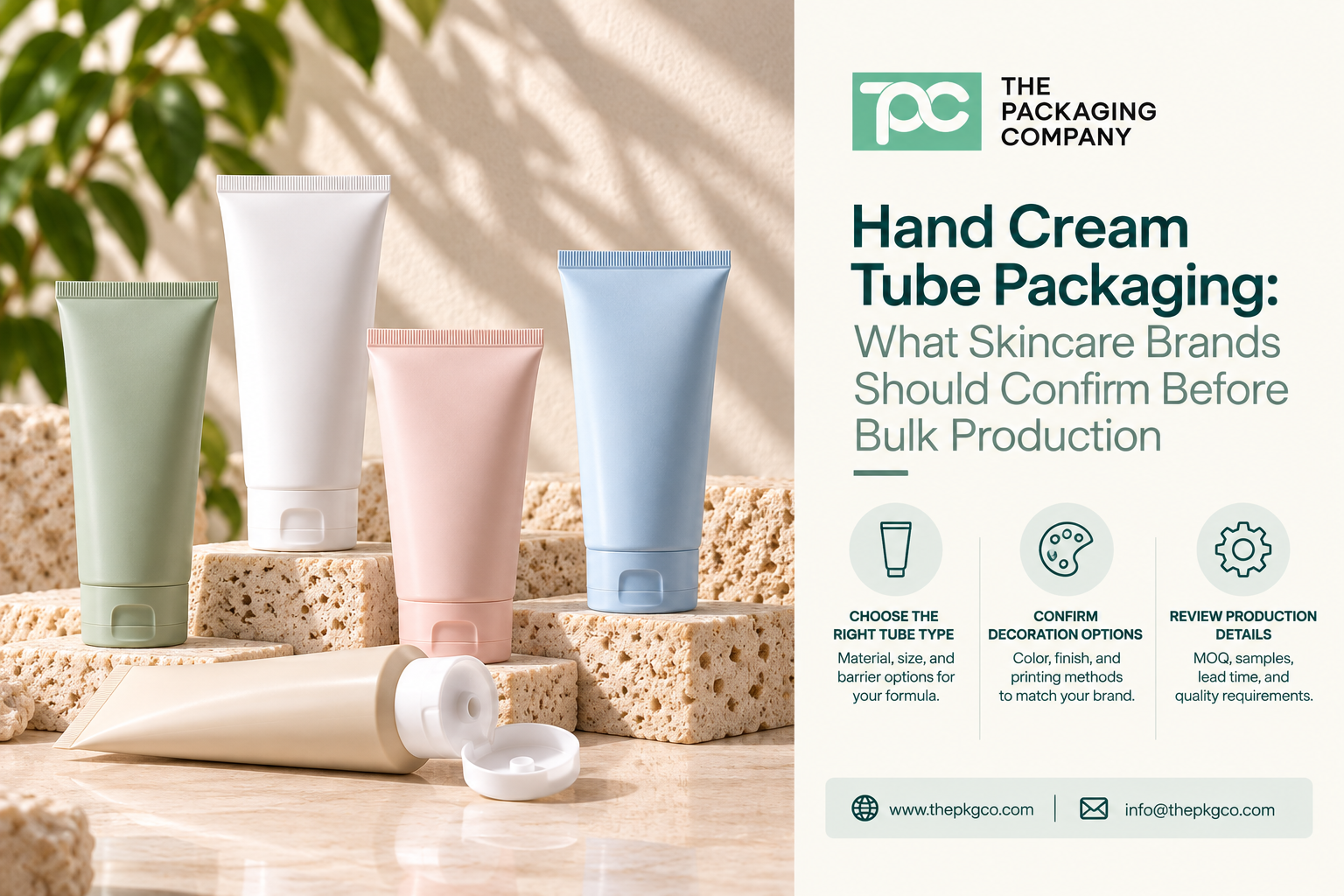 Hand cream tube packaging for skincare brands, showing cosmetic tube options with material, decoration, cap, and bulk production planning considerations.