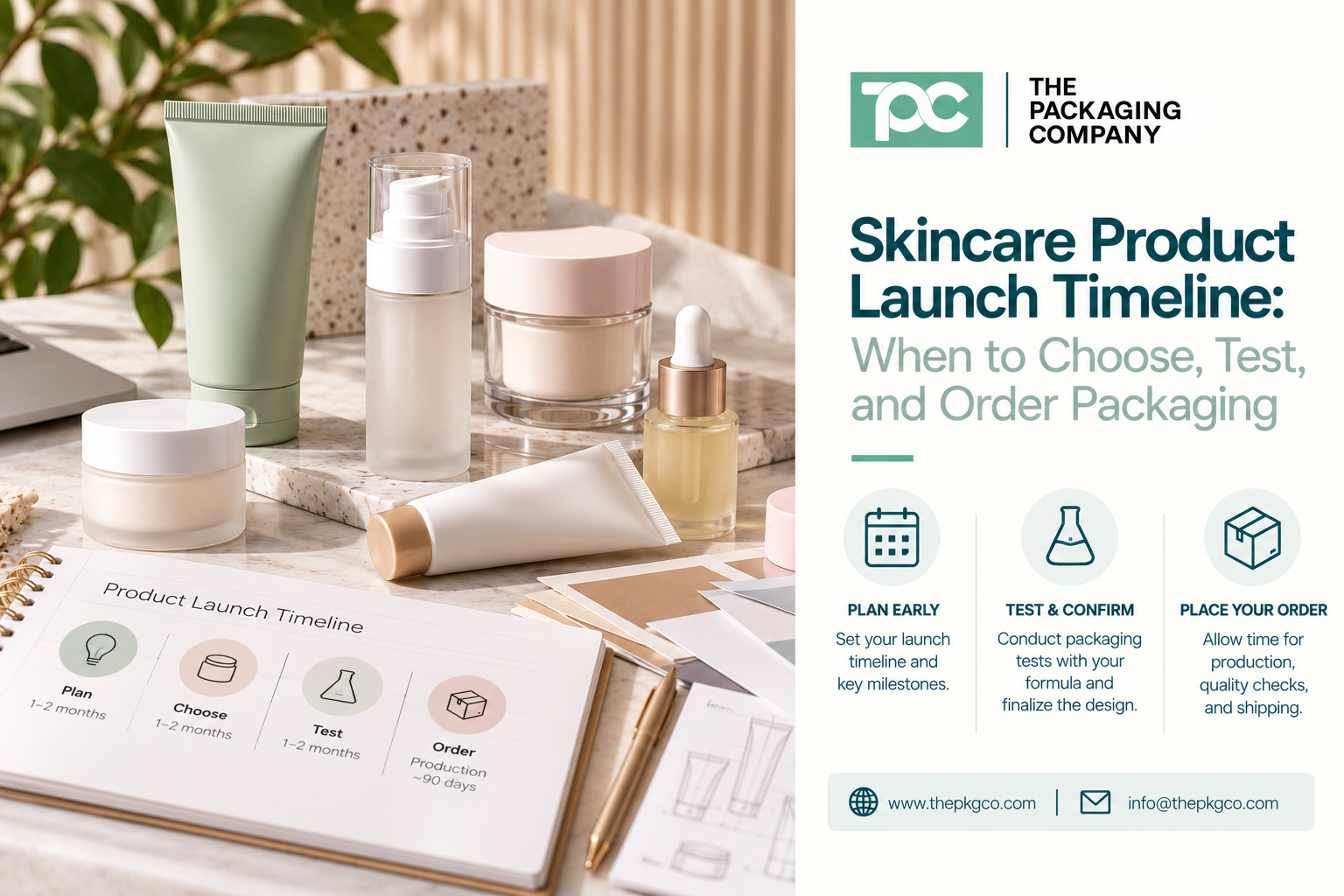 Skincare product launch timeline showing cosmetic bottles, jars, tubes, and airless packaging with planning, testing, and bulk ordering steps.