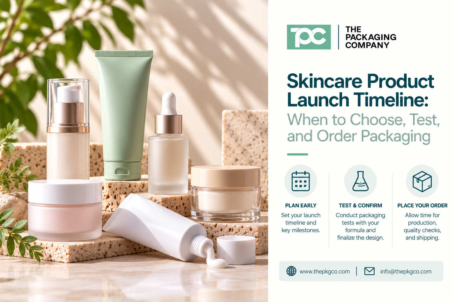 Skincare product launch timeline showing cosmetic bottles, jars, tubes, and airless packaging with planning, testing, and bulk ordering steps.
